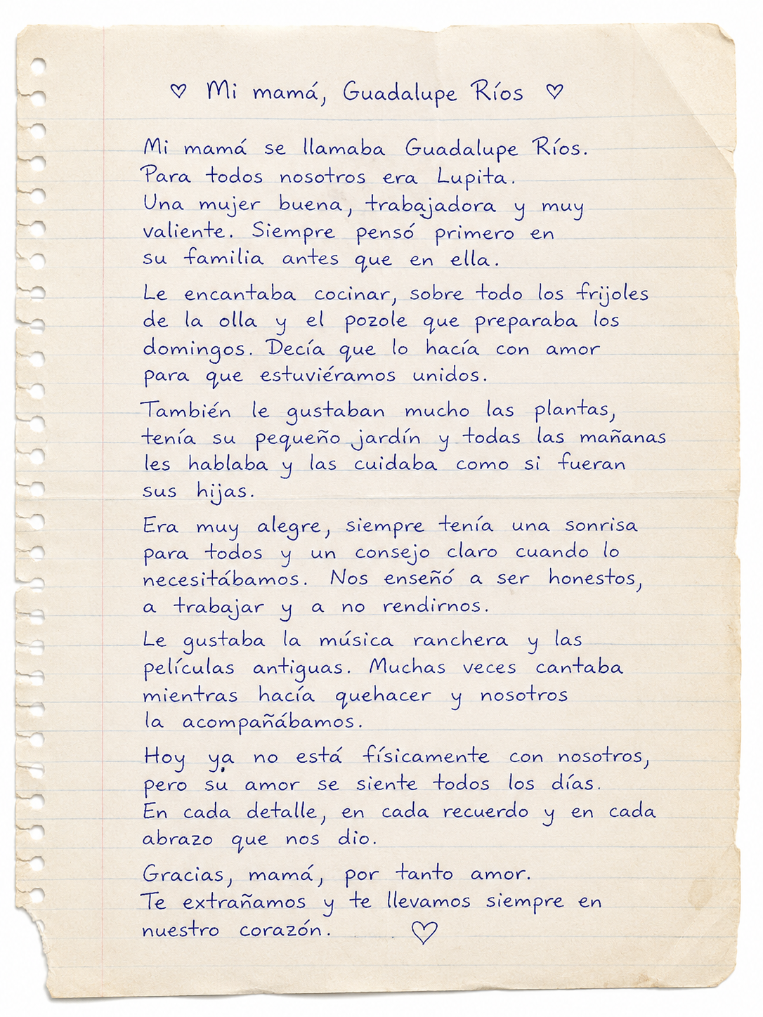 Historia escrita por una hija recordando con amor a su mamá, Guadalupe Ríos.